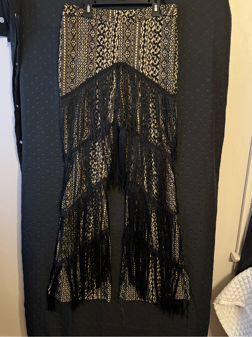 Boho Fringe Lace Wide-Leg Pants - Black